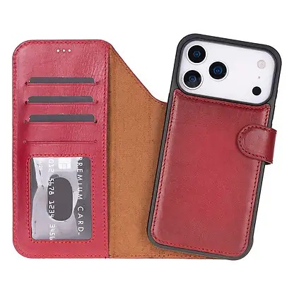 BLOOMINBAG BloomCase Apple iPhone 17 Pro (6.3") Uyumlu Hakiki Deri Çıkarılabilir Cüzdanlı Telefon Kılıfı Crimson Red
