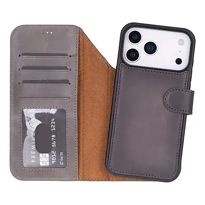 BLOOMINBAG BloomCase Apple iPhone 17 Pro (6.3") Uyumlu Hakiki Deri Çıkarılabilir Cüzdanlı Telefon Kılıfı Ash Gray